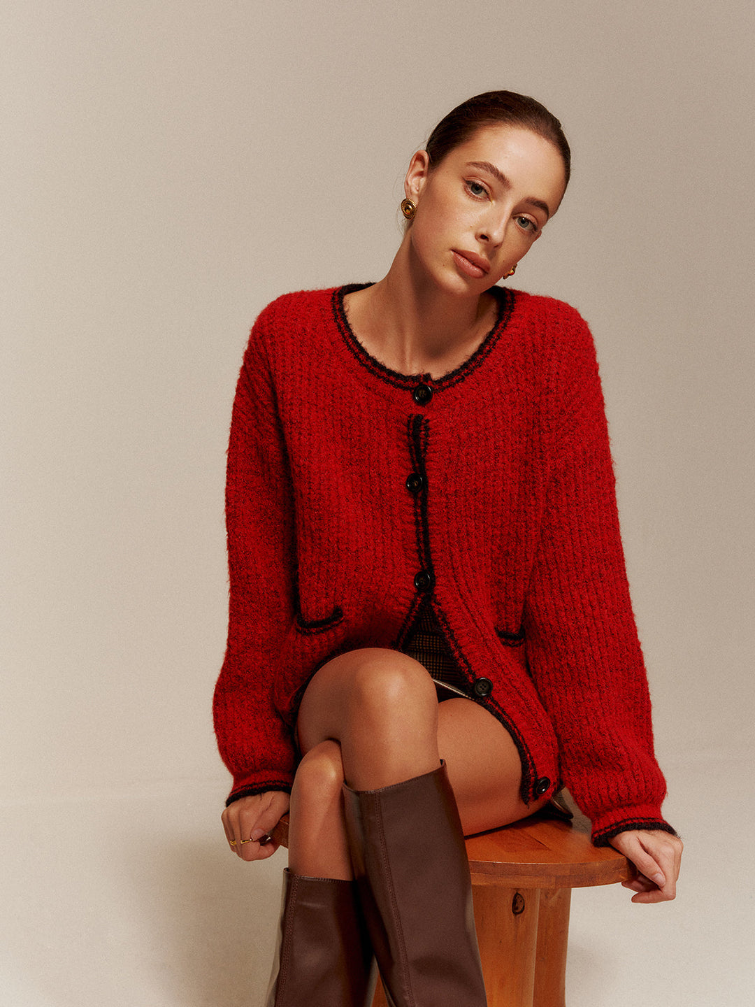 Drune | Cardigan mit Kontrastkanten und Großen Knöpfen Tweedstruktur Klassisch und Statement