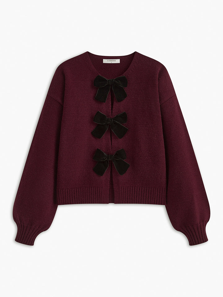 Drune | Strickcardigan mit Samtschleifen Wollmischung Feminin und Modern