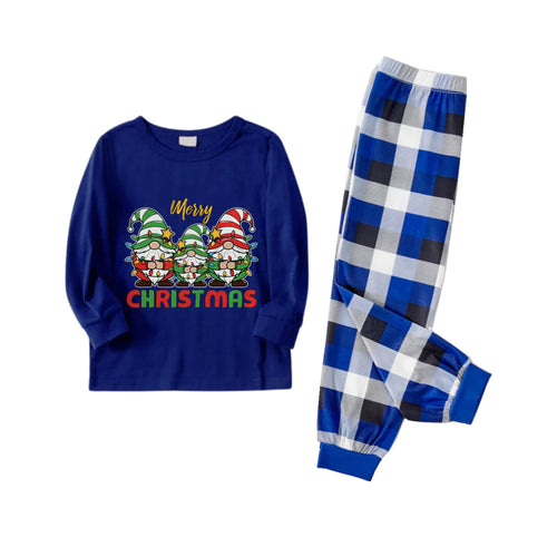 Drune | Weihnachtsfamilienpassende Pyjamas - Navy & Weiß Karierte Pjs Set mit Gnom und 