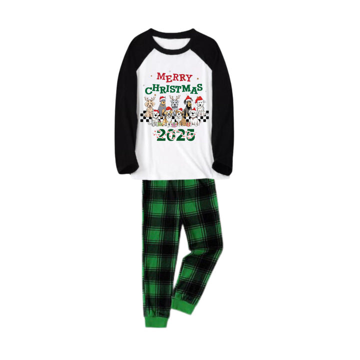 Drune | Schwarzes Raglan-Oberteil Grünes Plaid Weihnachts-Pyjama-Set mit "Frohe Weihnachten" und Hundedruck