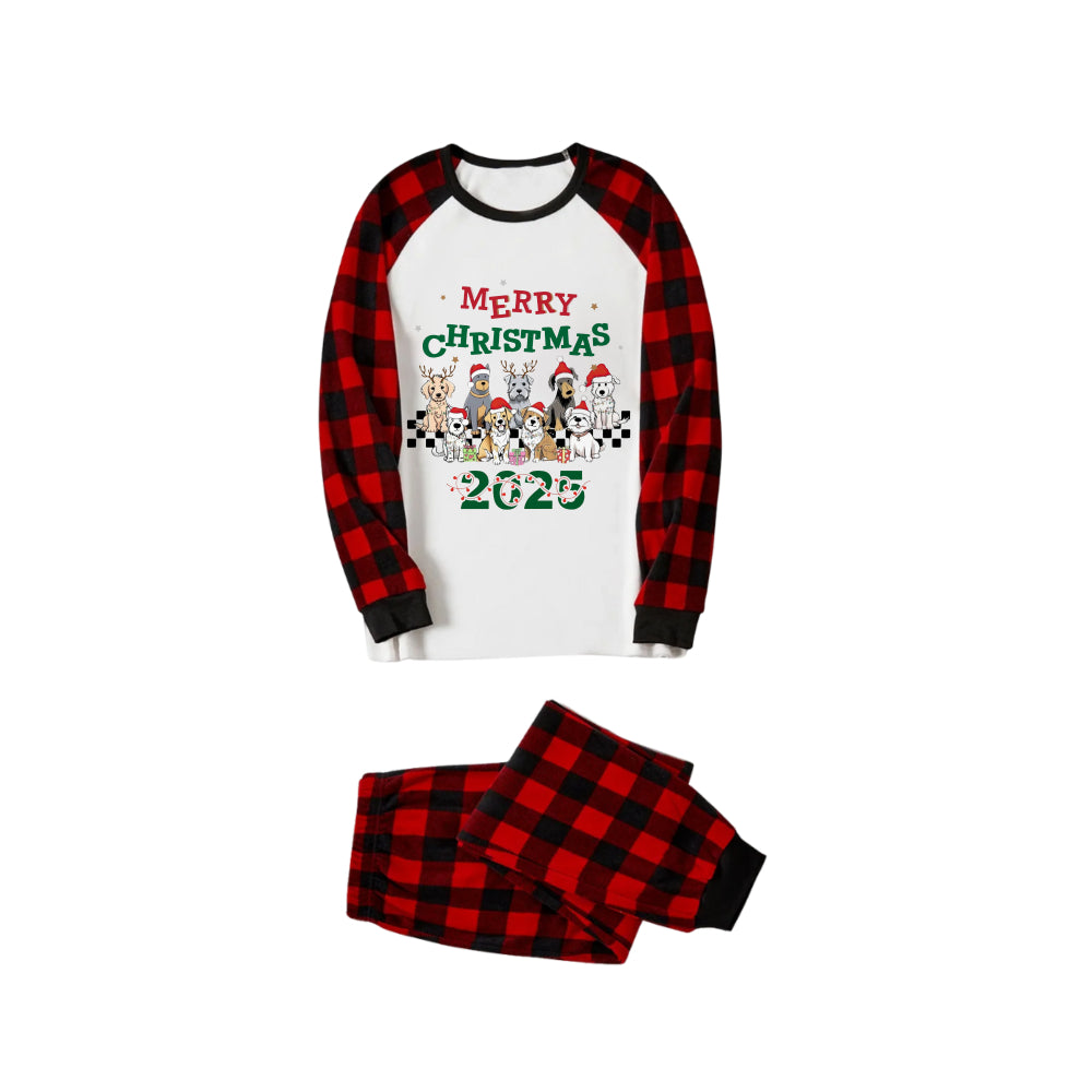 Drune | Rote und schwarze karierte Weihnachts-Pyjama-Set mit süßem Hund und fröhlichem Weihnachten 2025 Cartoon-Druck