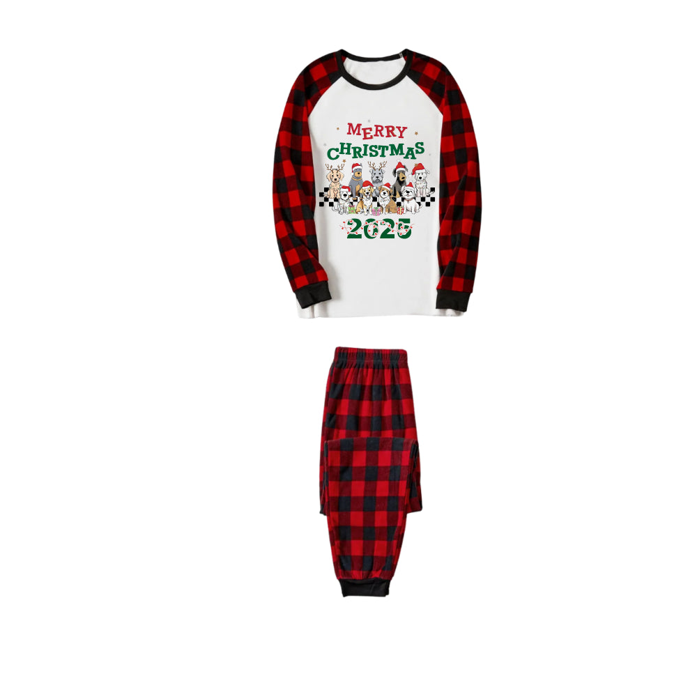 Drune | Rote und schwarze karierte Weihnachts-Pyjama-Set mit süßem Hund und fröhlichem Weihnachten 2025 Cartoon-Druck