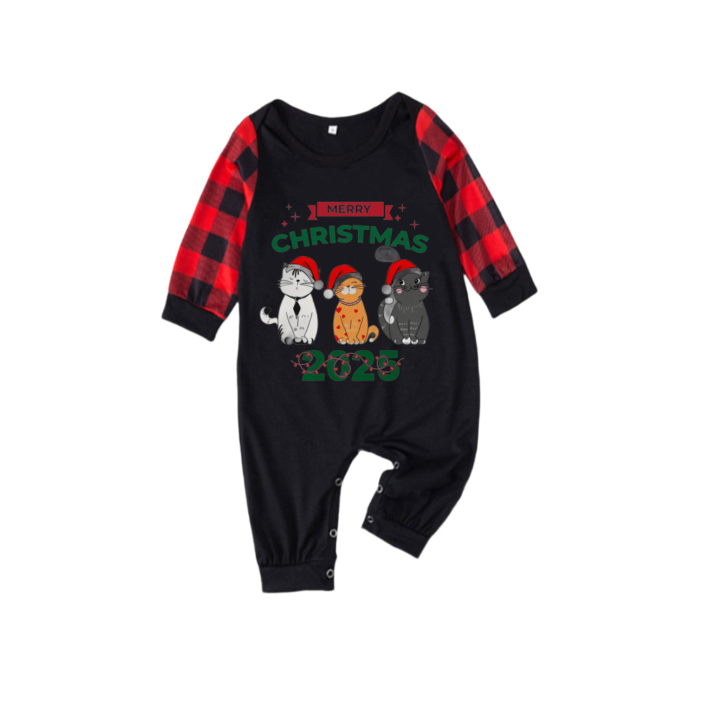 Drune | Rotes und schwarzes karierter Weihnachts-Pyjama-Set mit Schneemann- und Slogan-Designs
