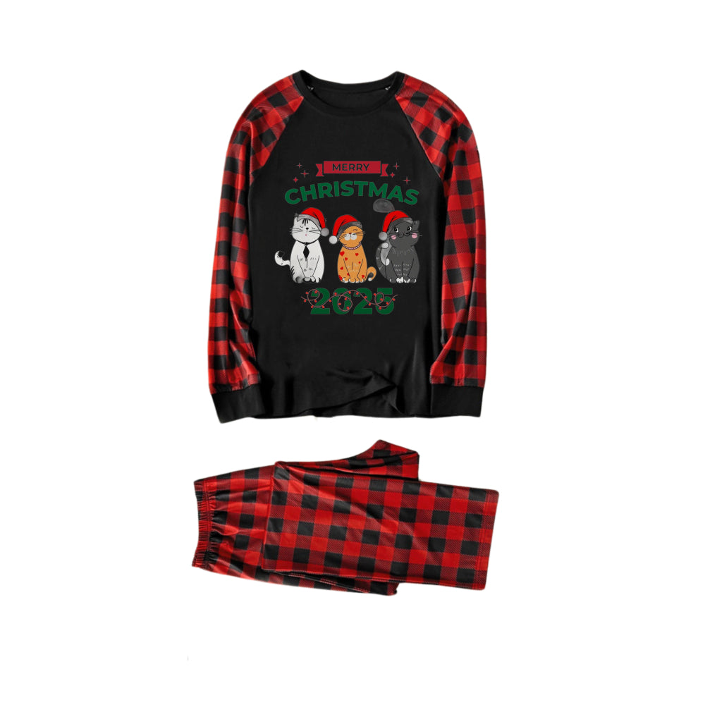 Drune | Rotes und schwarzes karierter Weihnachts-Pyjama-Set mit Schneemann- und Slogan-Designs