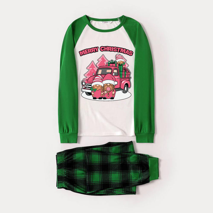Drune | Grünes Raglan-Top Grüner Karierter Weihnachten Pyjama Set Mit Pinken Gnome und "FROHE WEIHNACHTEN" Druck