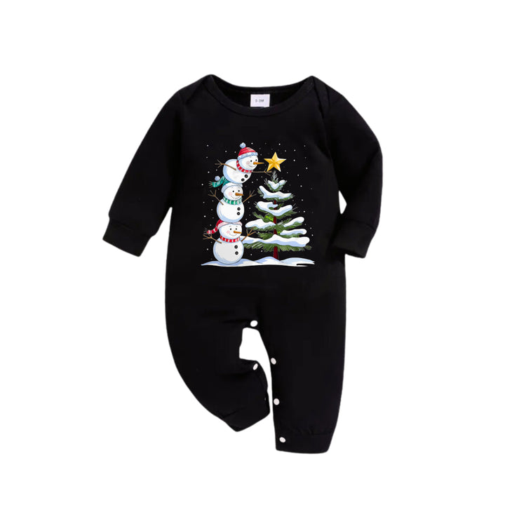 Drune | Weihnachtsfamilien-Pyjama-Set - Schwarzes Oberteil und grüne Karo-Hose mit Schneemann-Comic-Druck