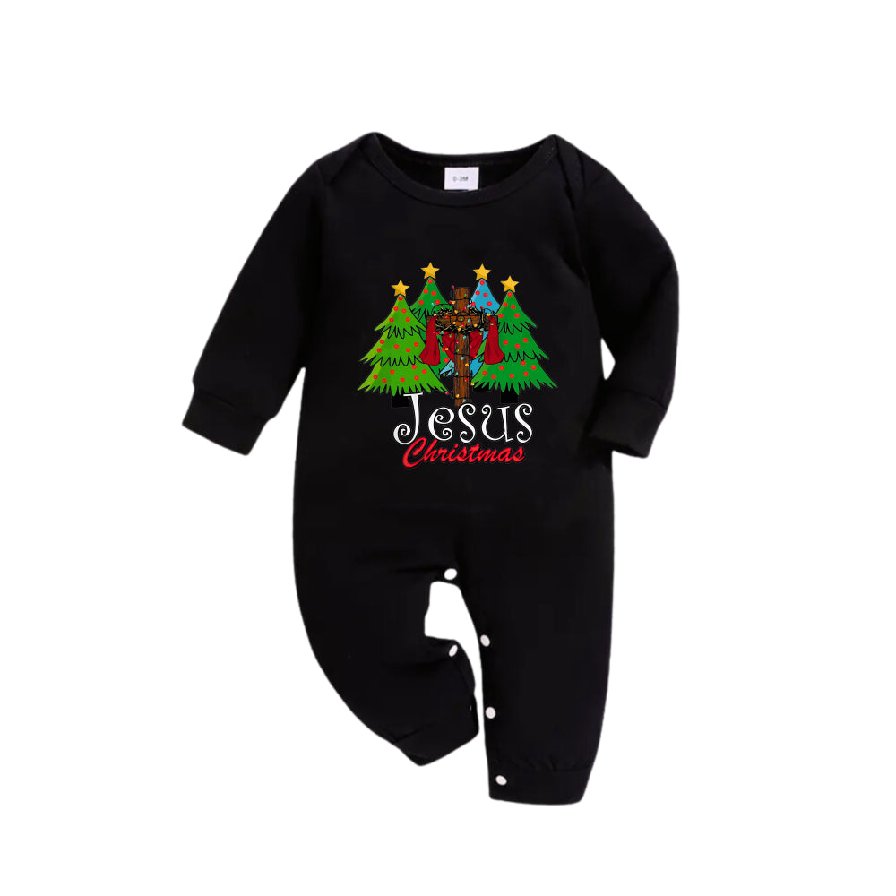 Drune | Weihnachtsfamilie passende Pyjamas - Schwarzes Oberteil und grüne Karohosen PJs Set mit "Jesus Weihnachten" Print