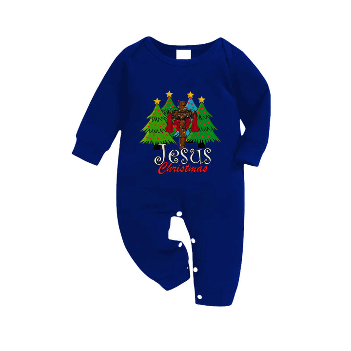 Drune | Weihnachtsfamilienpassende Pyjamas - Marineblau & Weiß Karierte PJs Set mit Weihnachtsbaum und "Jesus Weihnachten" Druck