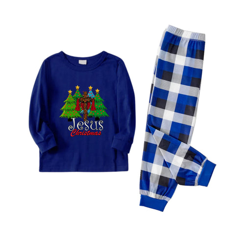 Drune | Weihnachtsfamilienpassende Pyjamas - Marineblau & Weiß Karierte PJs Set mit Weihnachtsbaum und 