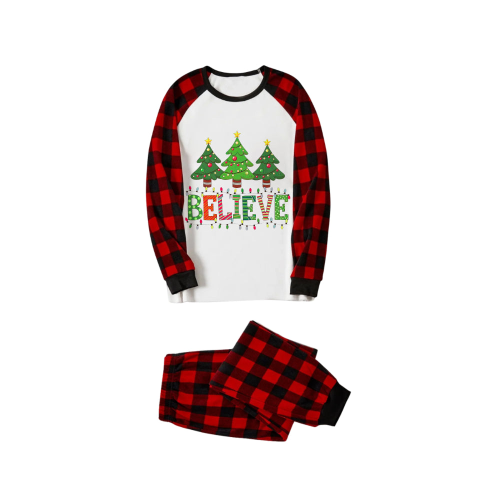 Drune | Rote und schwarze karierte Weihnachts-Pyjama-Set mit Weihnachtsbaum und "Believe"-Druck