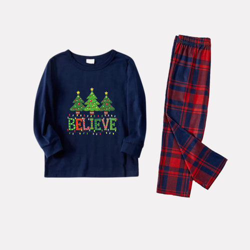 Drune | Weihnachtsfamilien passende Pyjamas - Marineblau & Rot kariertes Pj-Set mit Weihnachtsbaum und 