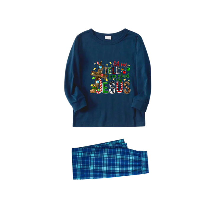 Drune | Weihnachtsfamilien-Matching-Pyjamas - Navy & Himmelblau Karierter Pjs Satz mit "Lass mich dir von meinem Jesus erzählen" Druck