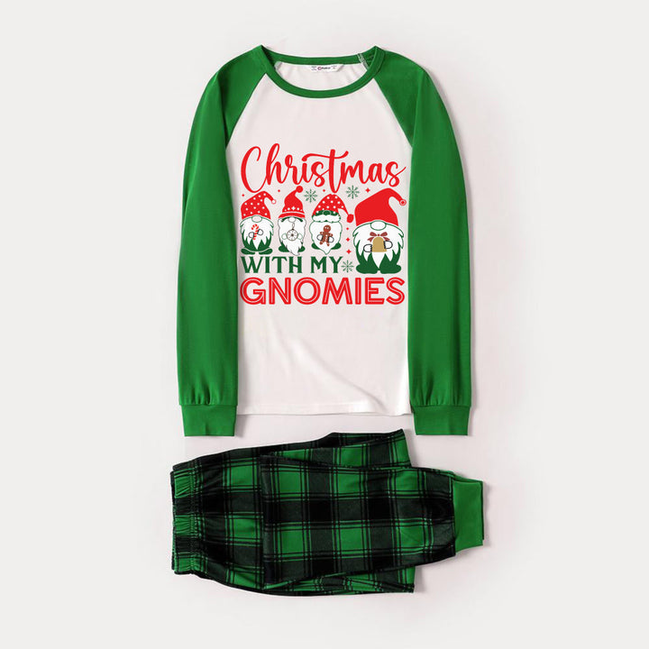 Drune | Grünes Raglan-Top Grünes Karomuster Weihnachts-Pyjama-Set mit süßen Wichteln und „Weihnachten MIT MEINEN WICHTELN“ Druck