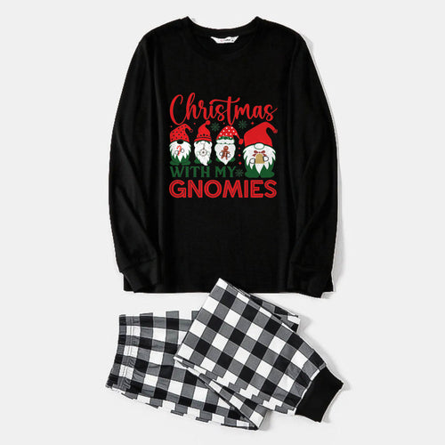 Drune | Schwarz-weiß kariertes Weihnachts-Pyjama-Set mit süßer Gnome Familie und buntem Aufdruck 