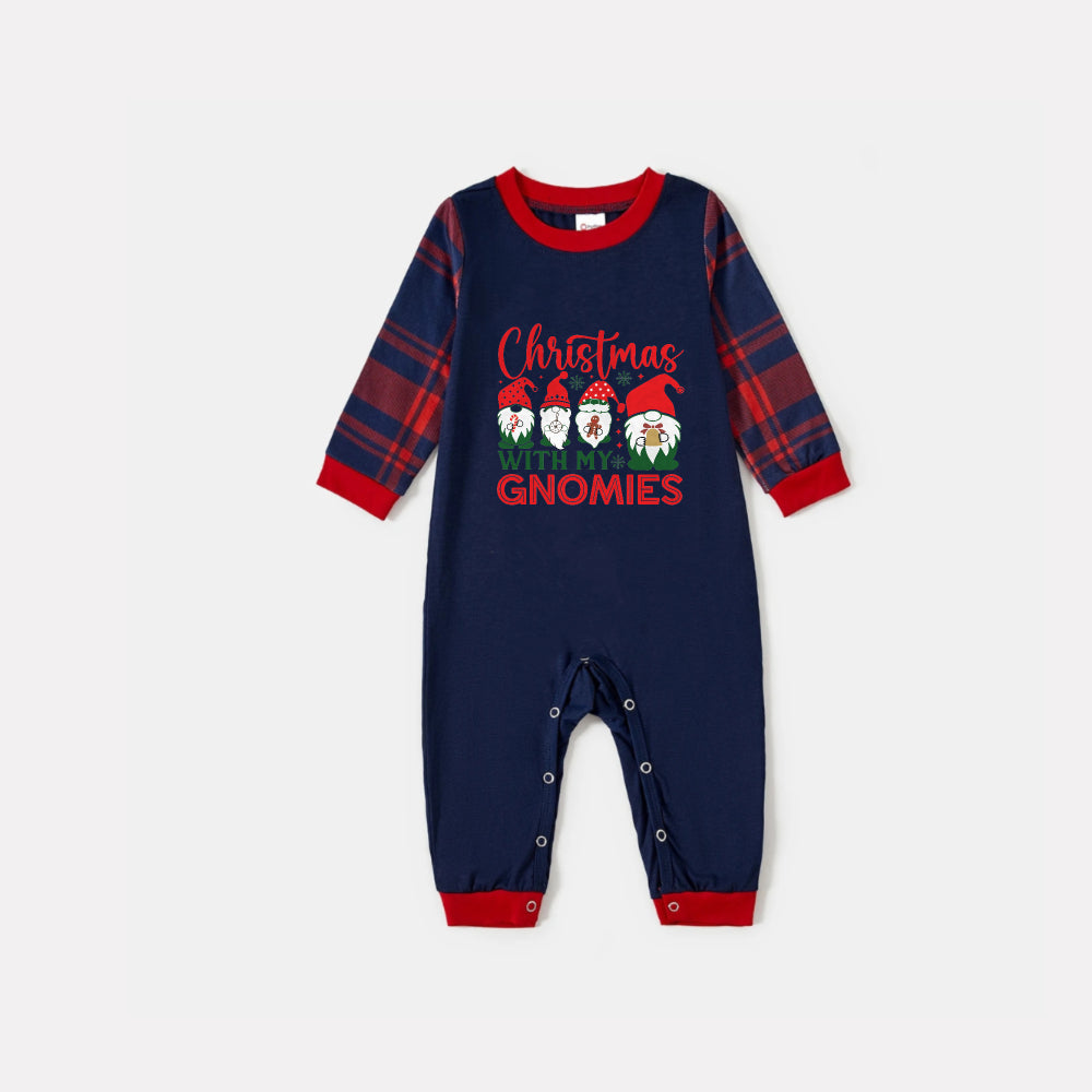 Drune | Weihnachtsfamilien passende Schlafanzüge - Marineblau und rotes Karomuster PJs Set mit "Weihnachten mit meinen Gnomies" Druck