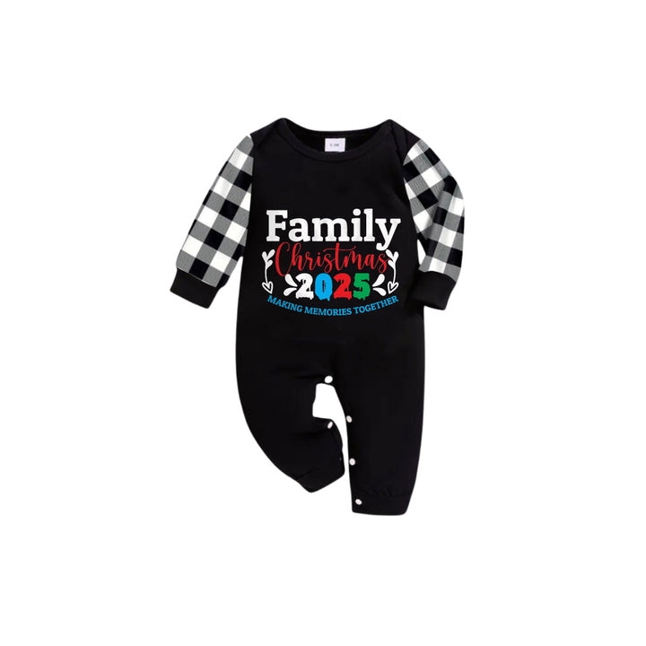 Drune | Schwarz-weißes kariertes Kurzarm-Weihnachtspyjama-Set mit fröhlichem Text