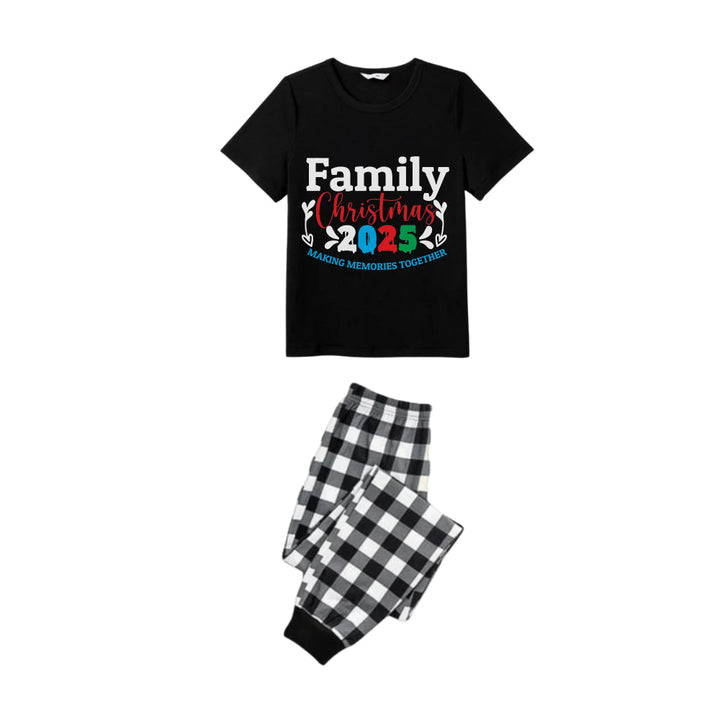Drune | Schwarz-weißes kariertes Kurzarm-Weihnachtspyjama-Set mit fröhlichem Text