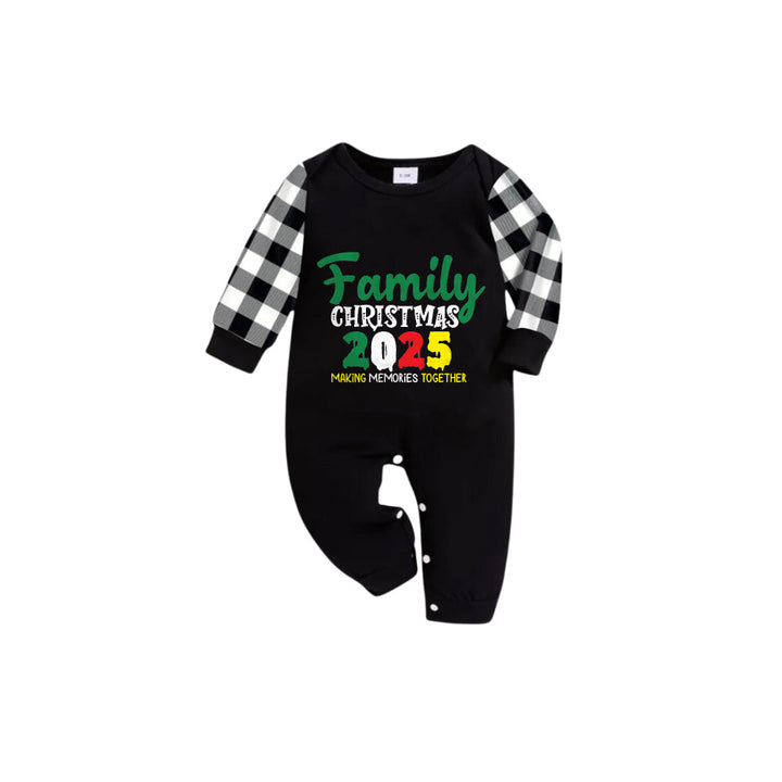Drune | Schwarz und Weiß Karierter Kurzarm Weihnachts-Pyjama-Set mit Feiertags-Slogan-Druck