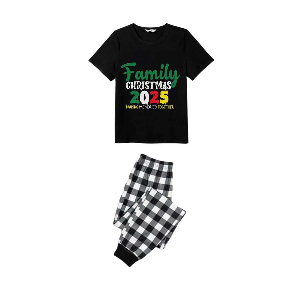 Drune | Schwarz und Weiß Karierter Kurzarm Weihnachts-Pyjama-Set mit Feiertags-Slogan-Druck