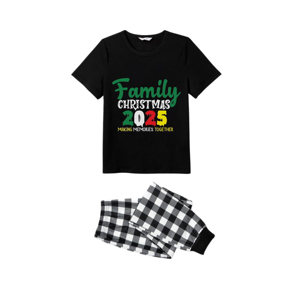 Drune | Schwarz und Weiß Karierter Kurzarm Weihnachts-Pyjama-Set mit Feiertags-Slogan-Druck