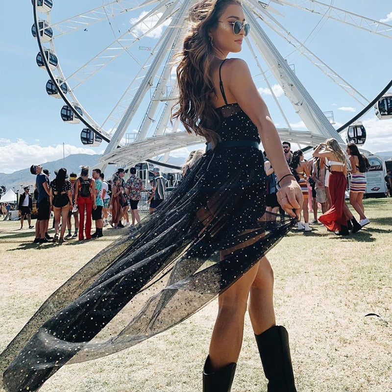 Drune | Stern Schwarz Netz Transparent Ärmelloses Maxi-Kleid