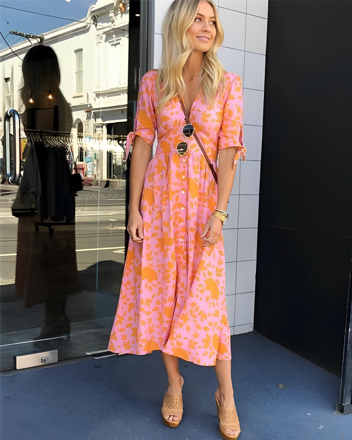 Drune | Elegantes Oranges Kleid Mit Muster