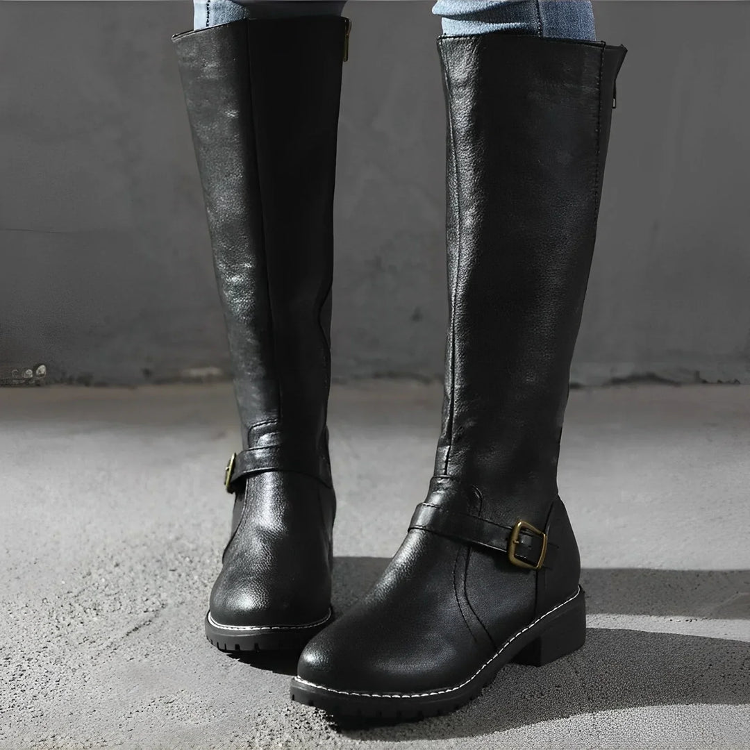 Drune | Schicke Herbst Lange Stiefel mit Metallverschluss für Frauen