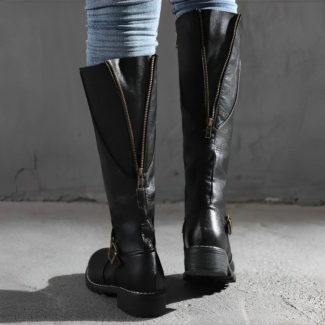Drune | Schicke Herbst Lange Stiefel mit Metallverschluss für Frauen