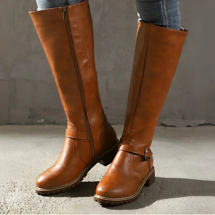 Drune | Schicke Herbst Lange Stiefel mit Metallverschluss für Frauen