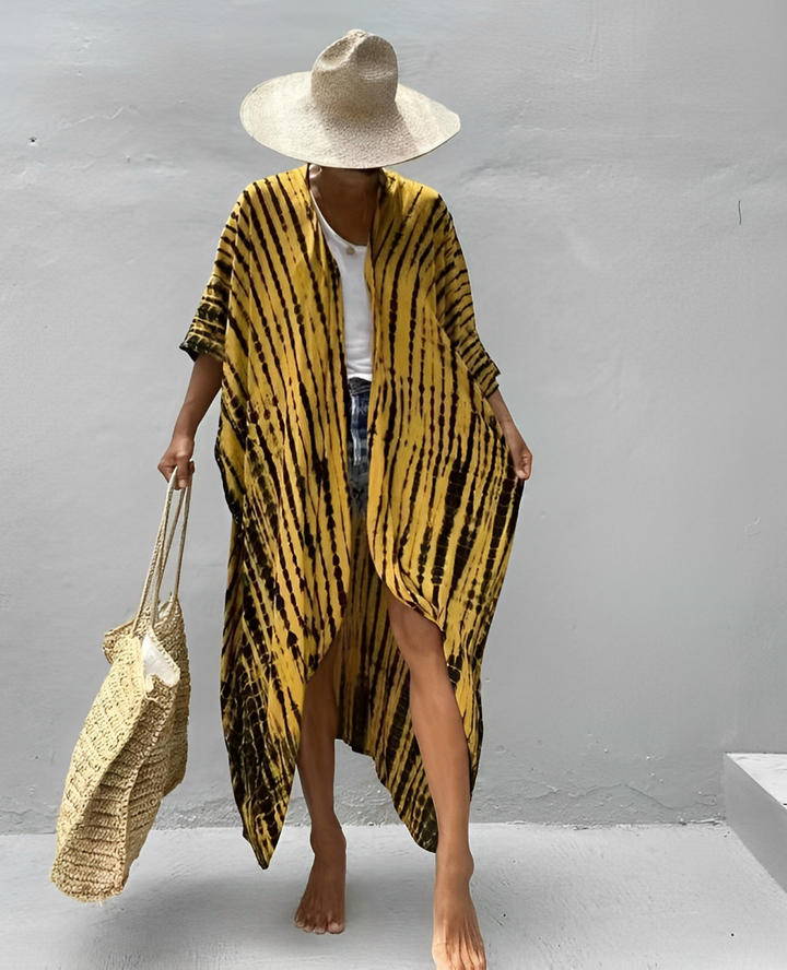 Drune Retro Kimono | Langer, gemusterter Strandkimono mit Gürtel für Damen