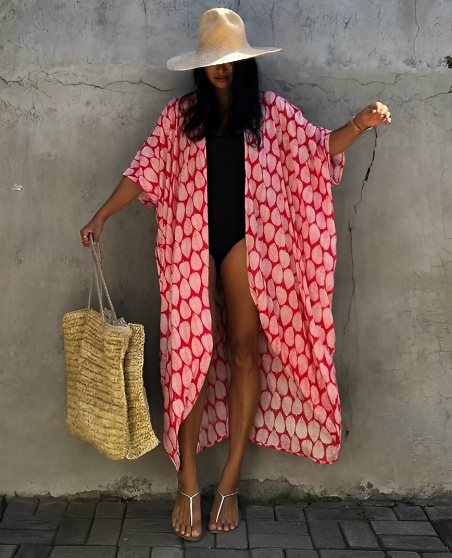 Drune Retro Kimono | Langer, gemusterter Strandkimono mit Gürtel für Damen