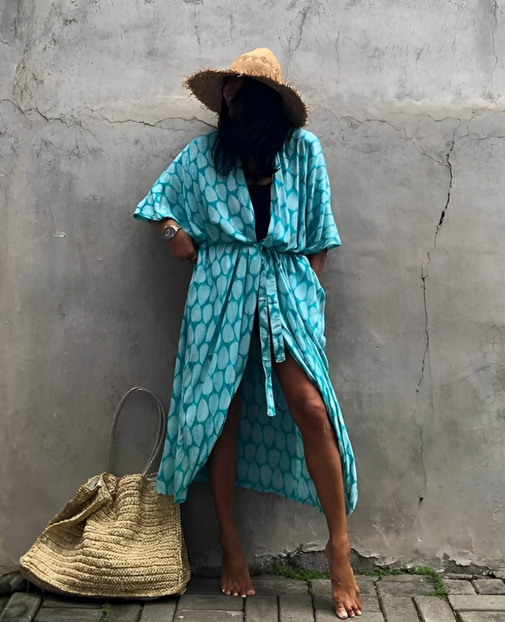 Drune Retro Kimono | Langer, gemusterter Strandkimono mit Gürtel für Damen