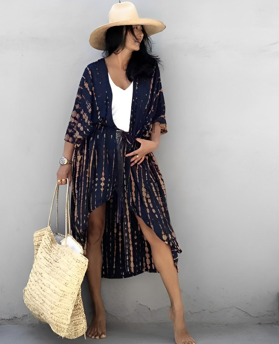 Drune Retro Kimono | Langer, gemusterter Strandkimono mit Gürtel für Damen