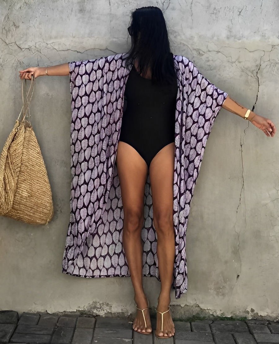 Drune Retro Kimono | Langer, gemusterter Strandkimono mit Gürtel für Damen