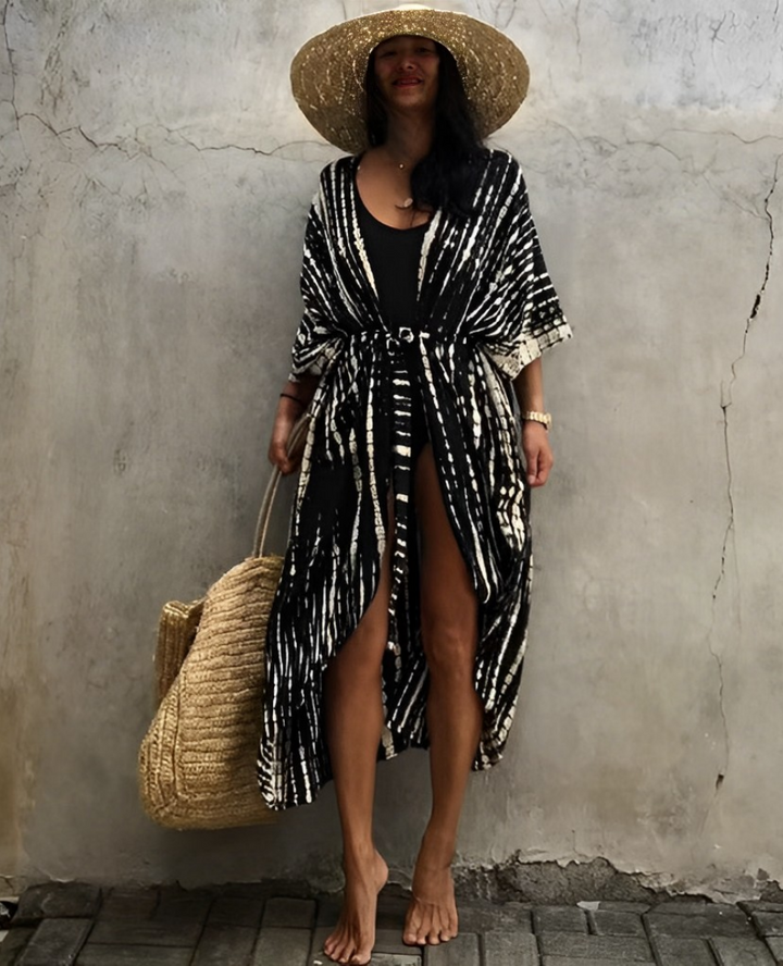 Drune Retro Kimono | Langer, gemusterter Strandkimono mit Gürtel für Damen