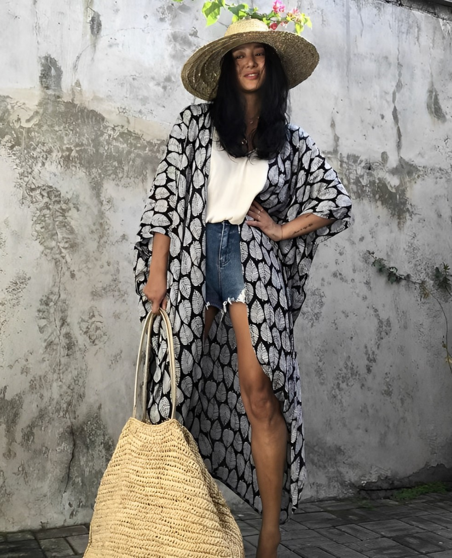 Drune Retro Kimono | Langer, gemusterter Strandkimono mit Gürtel für Damen