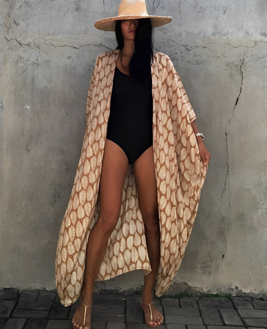 Drune Retro Kimono | Langer, gemusterter Strandkimono mit Gürtel für Damen