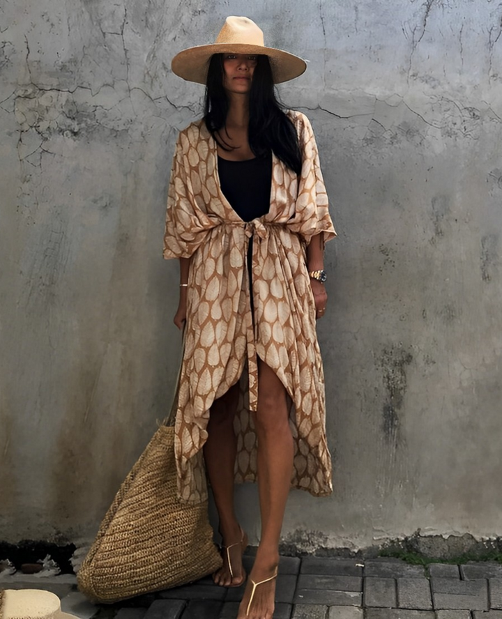 Drune Retro Kimono | Langer, gemusterter Strandkimono mit Gürtel für Damen