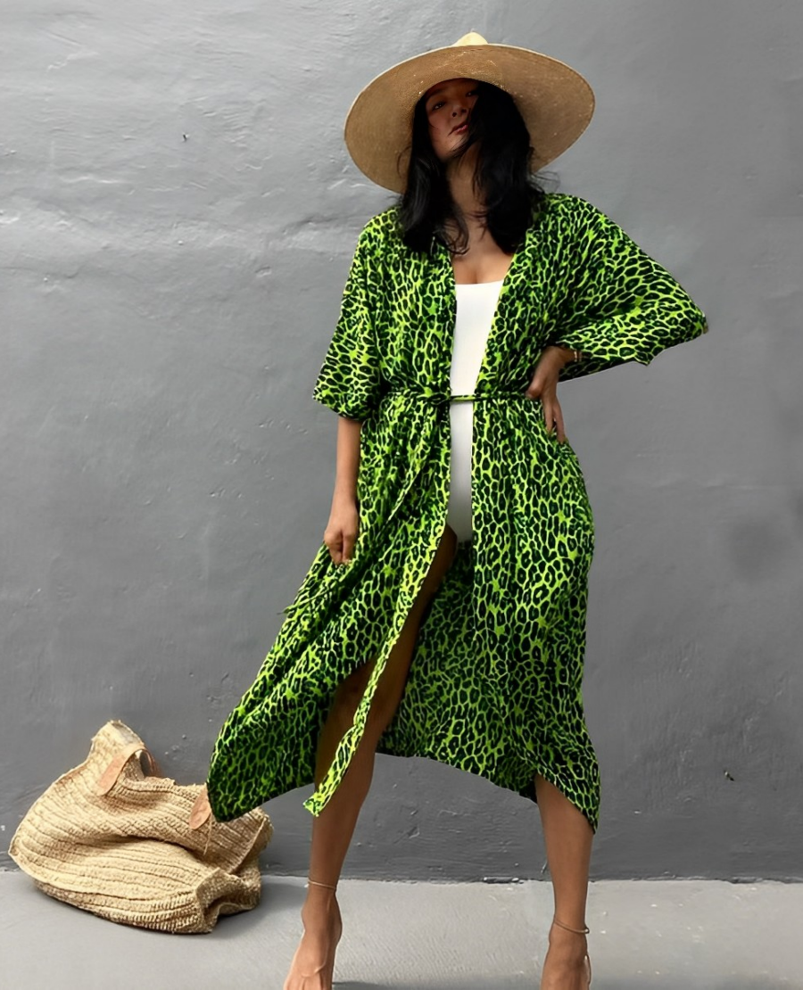 Drune Retro Kimono | Langer, gemusterter Strandkimono mit Gürtel für Damen