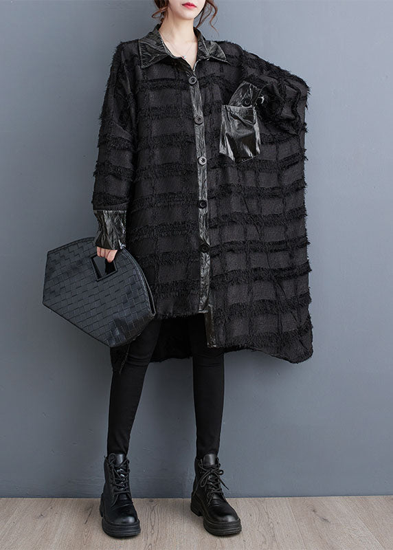 Drune | Schwarze asymmetrische Taschen Patchwork Knopf Trenchcoats