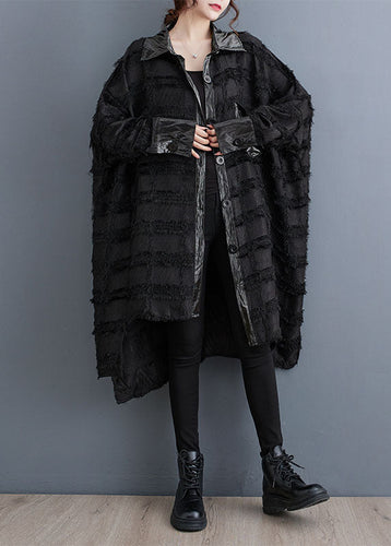 Drune | Schwarze asymmetrische Taschen Patchwork Knopf Trenchcoats