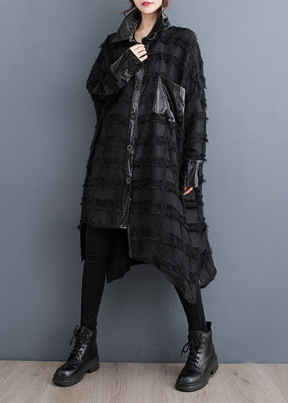 Drune | Schwarze asymmetrische Taschen Patchwork Knopf Trenchcoats