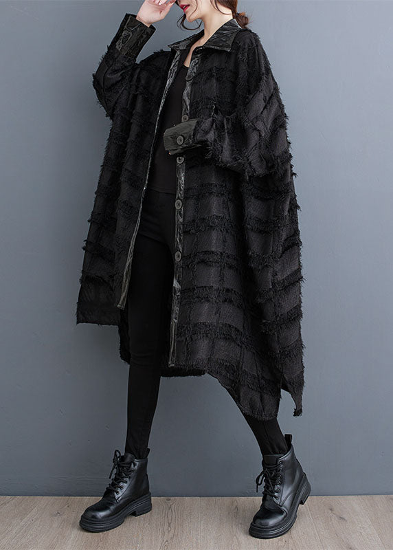 Drune | Schwarze asymmetrische Taschen Patchwork Knopf Trenchcoats