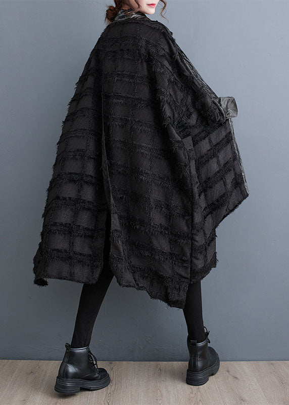 Drune | Schwarze asymmetrische Taschen Patchwork Knopf Trenchcoats