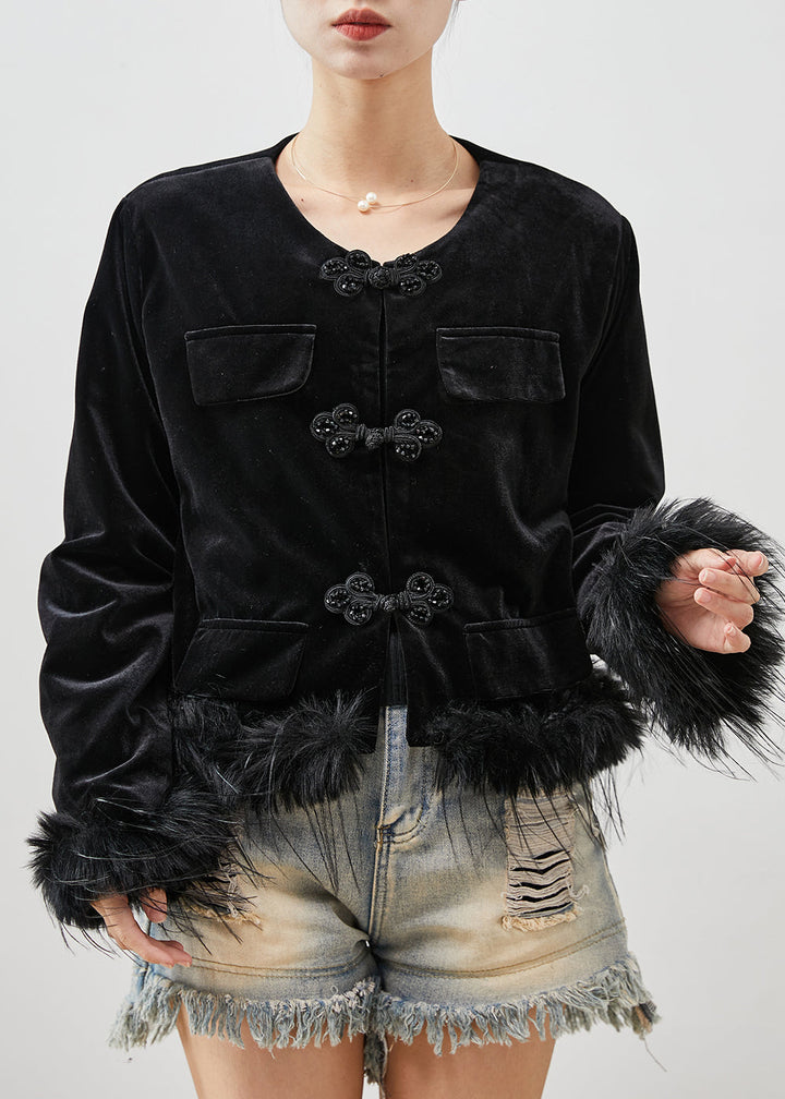Drune | Schwarze chinesische Knopf-Patchwork-Feder-Seiden-Veloursjacken