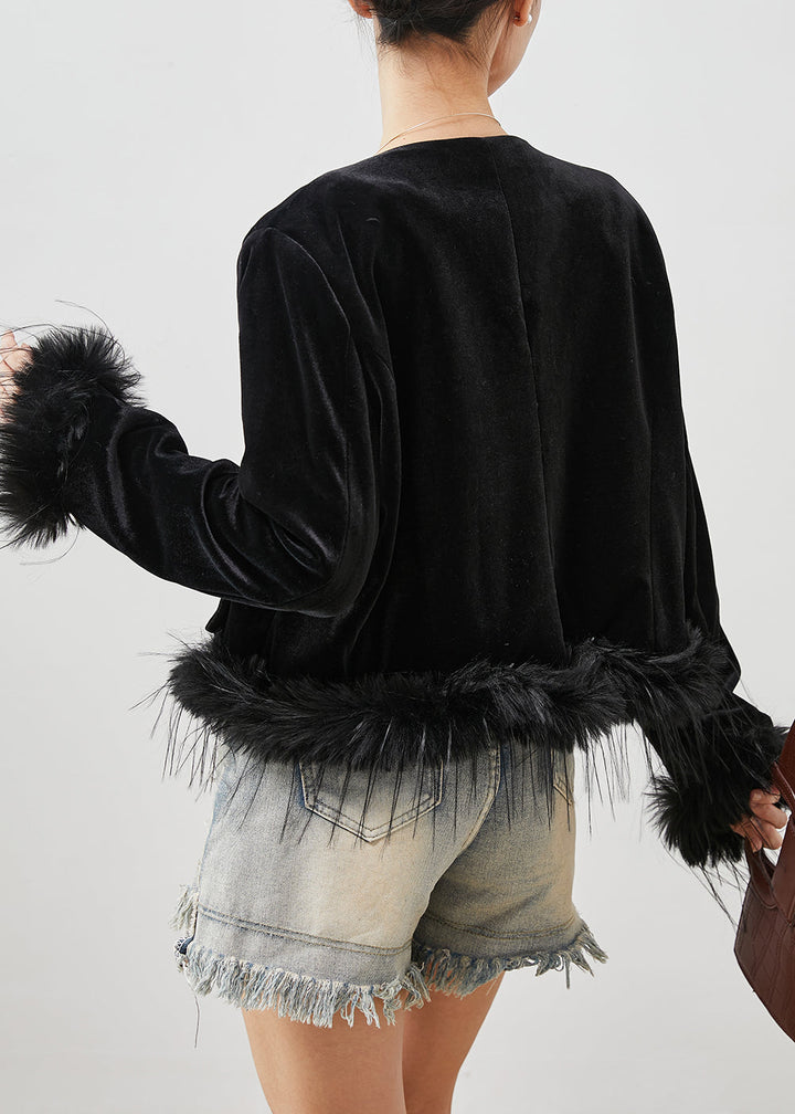 Drune | Schwarze chinesische Knopf-Patchwork-Feder-Seiden-Veloursjacken