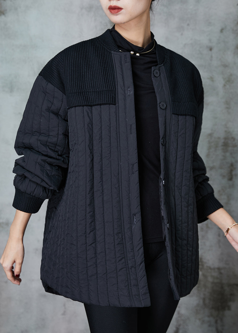 Drune | Schwarze Stehkragen Patchwork Feine Baumwolle Gefüllte Jacken