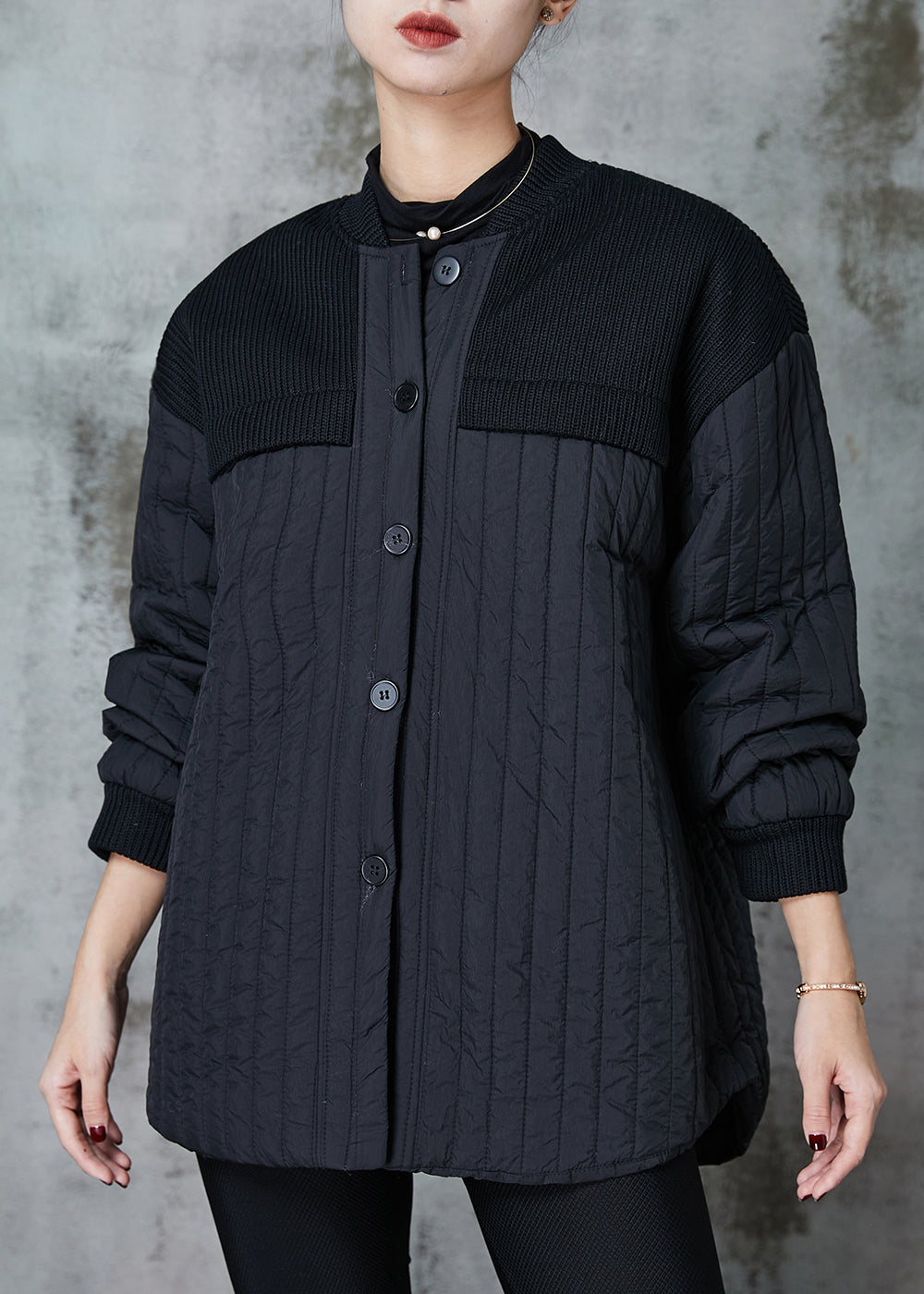 Drune | Schwarze Stehkragen Patchwork Feine Baumwolle Gefüllte Jacken