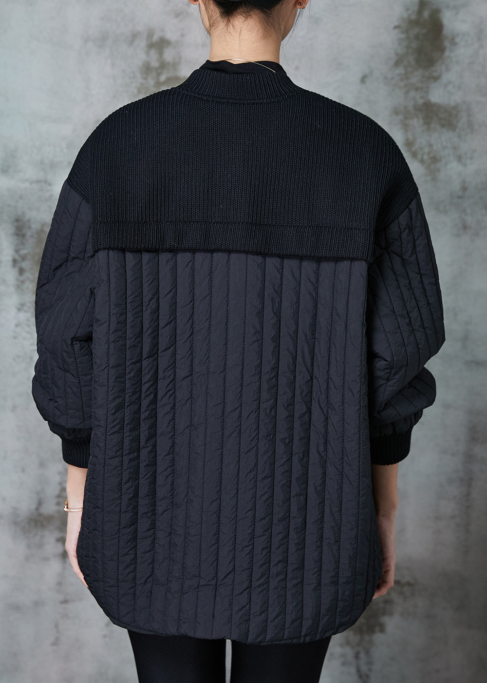 Drune | Schwarze Stehkragen Patchwork Feine Baumwolle Gefüllte Jacken