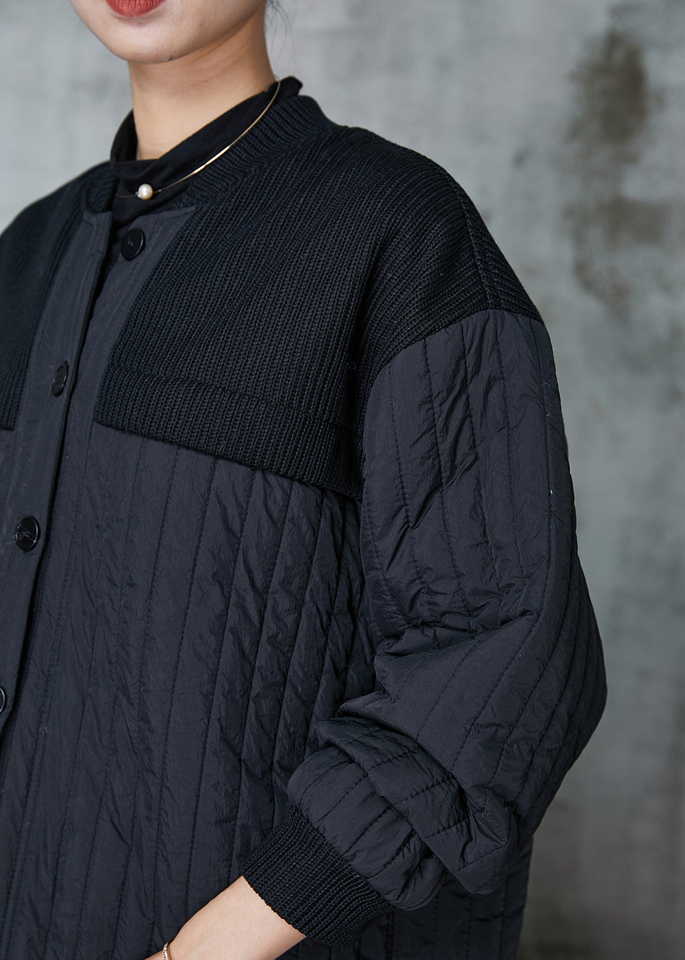 Drune | Schwarze Stehkragen Patchwork Feine Baumwolle Gefüllte Jacken